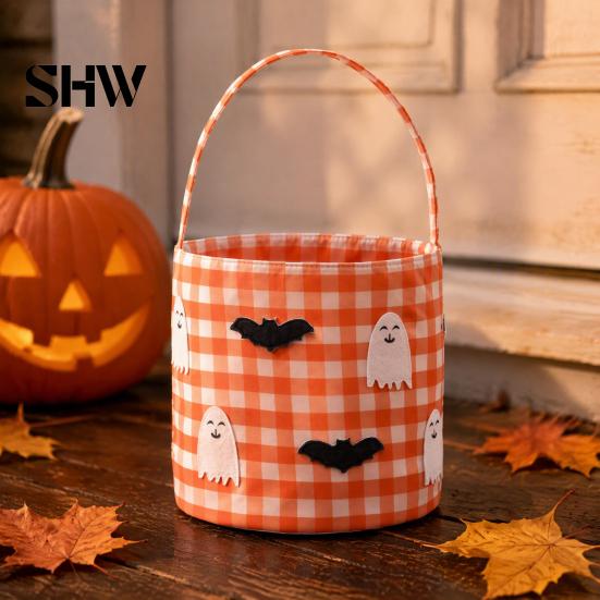 Kürbis Partyartikel Halloween Eimer, Süßes oder Saures Korb für Kinder Jungen Mädchen, Karomuster Behälter Fledermaus Geist Süßigkeiten Tragetasche mit Griff Gastgeschenke