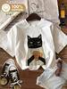 Mignon Chat Noir avec Café 100% Coton T-shirt Femme Doux Col Rond Manches Courtes Haut T-shirt Surdimensionné Drôle Féminin Tendance