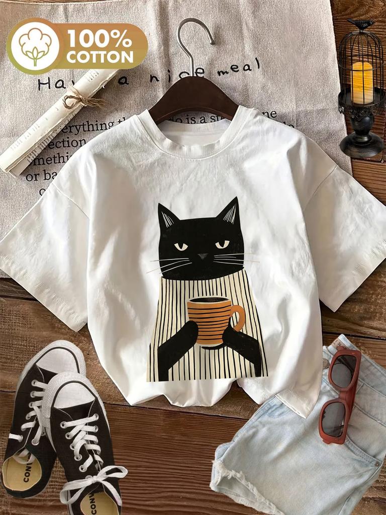 Mignon Chat Noir avec Café 100% Coton T-shirt Femme Doux Col Rond Manches Courtes Haut T-shirt Surdimensionné Drôle Féminin Tendance