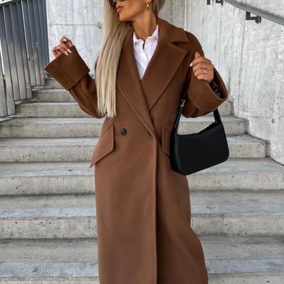 Dames Herfst Winter Overjas Effen Kleur Los Double-breasted Rechte Lange Mouw Dik Winddicht Halflange Revers OL Pendelstijl Jas