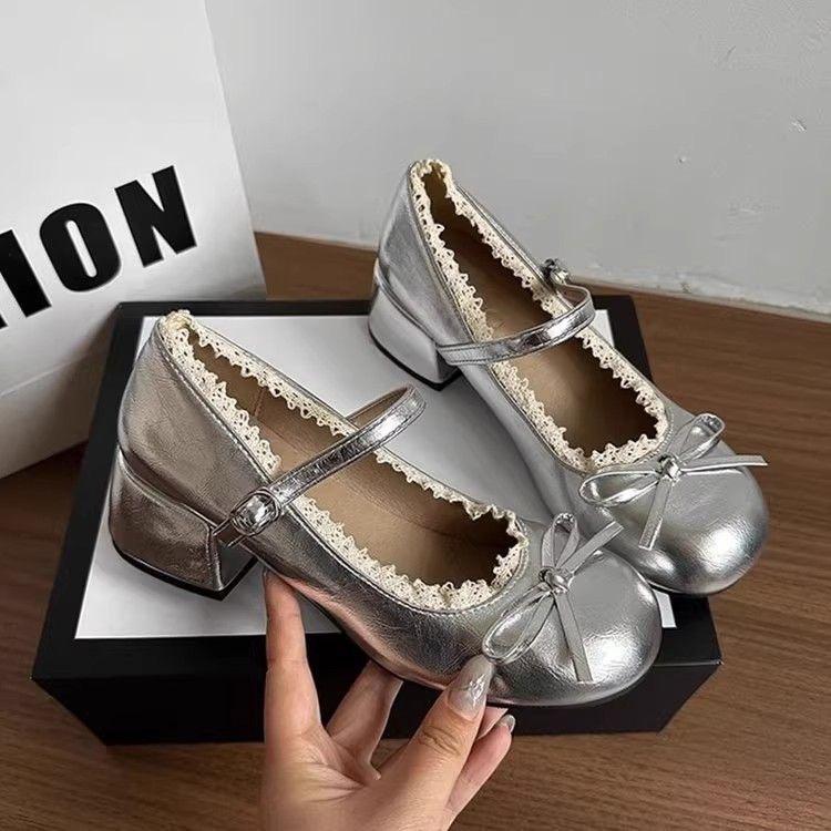 High-end bow temperament ballet small leather shoes women's new autumn lace edge heightening Mary Jane shoes tide