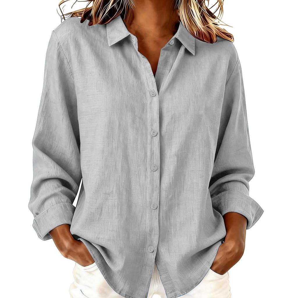 European & American Women's Spring/Summer Lapel Cardigan: Loose Long Sleeve Cotton & Linen Casual Shirt, Versatile for Any Occasion