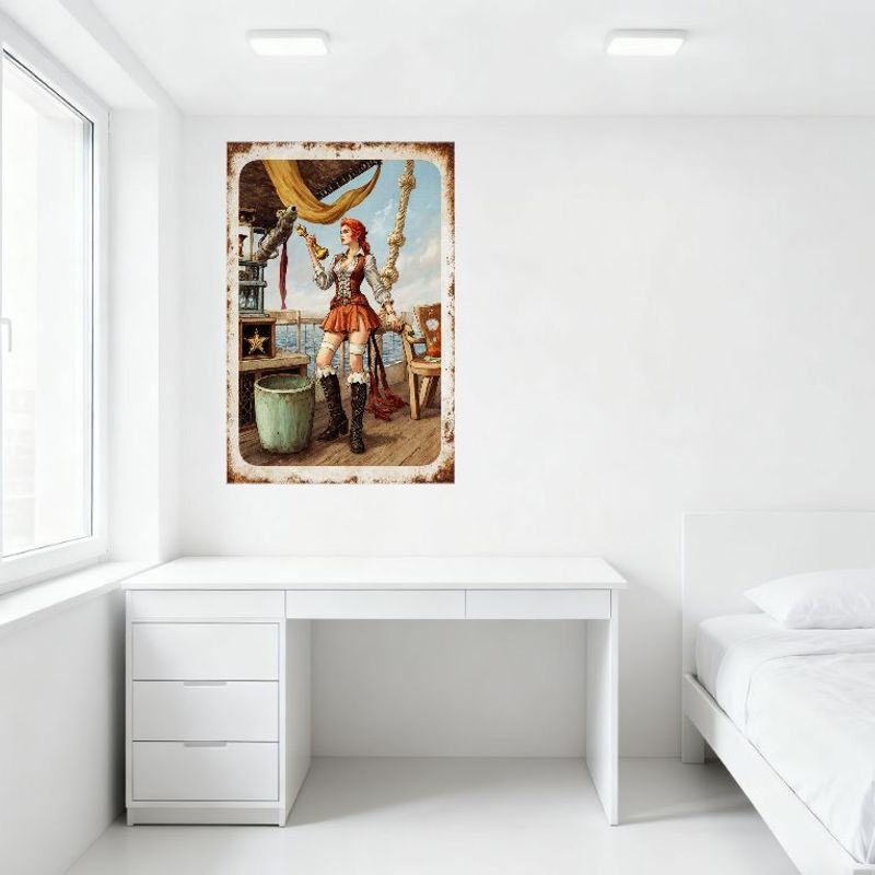 Sexy Red-Haired Woman On Ship Wooden Deck Vintage Tin Sign, High Ponytail White Blouse Corset Vest Red Skirt Garter Belts Black