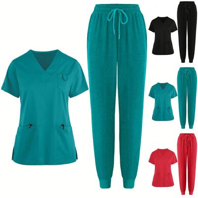 Dámský top s krátkým rukávem, jednobarevný, s výstřihem do V a kapsou, kalhoty, pracovní oděv, dvoudílný set