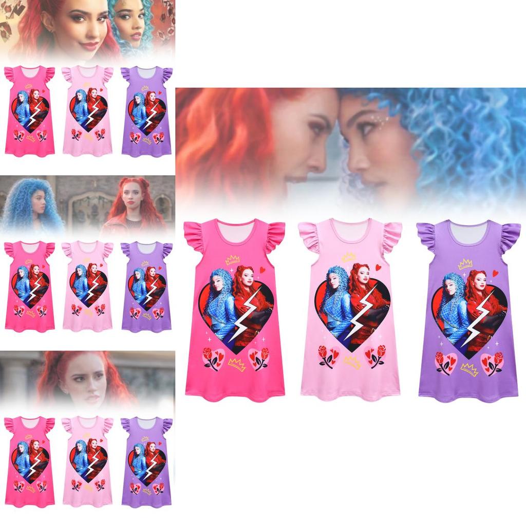 Charming New Kids Flying Sleeve Dress Descendants 4 Halloween Girl's Nightgown With Milk Silk Fabric Ideal For Summer Wear