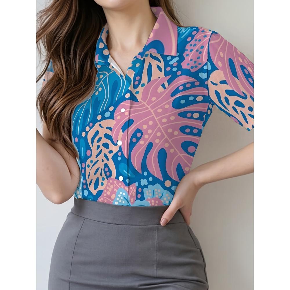 2026 Spring/Summer New Plant Print Collared Fitted Casual Women s Top - Comfortable and Stylish S