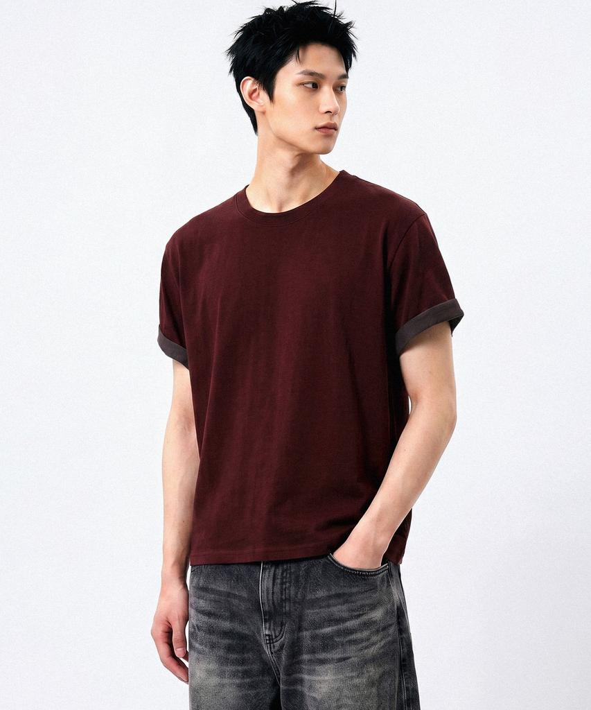 UNDEROFF Roll-Up Sleeve Crop Short Sleeve T-Shirt Burgundy