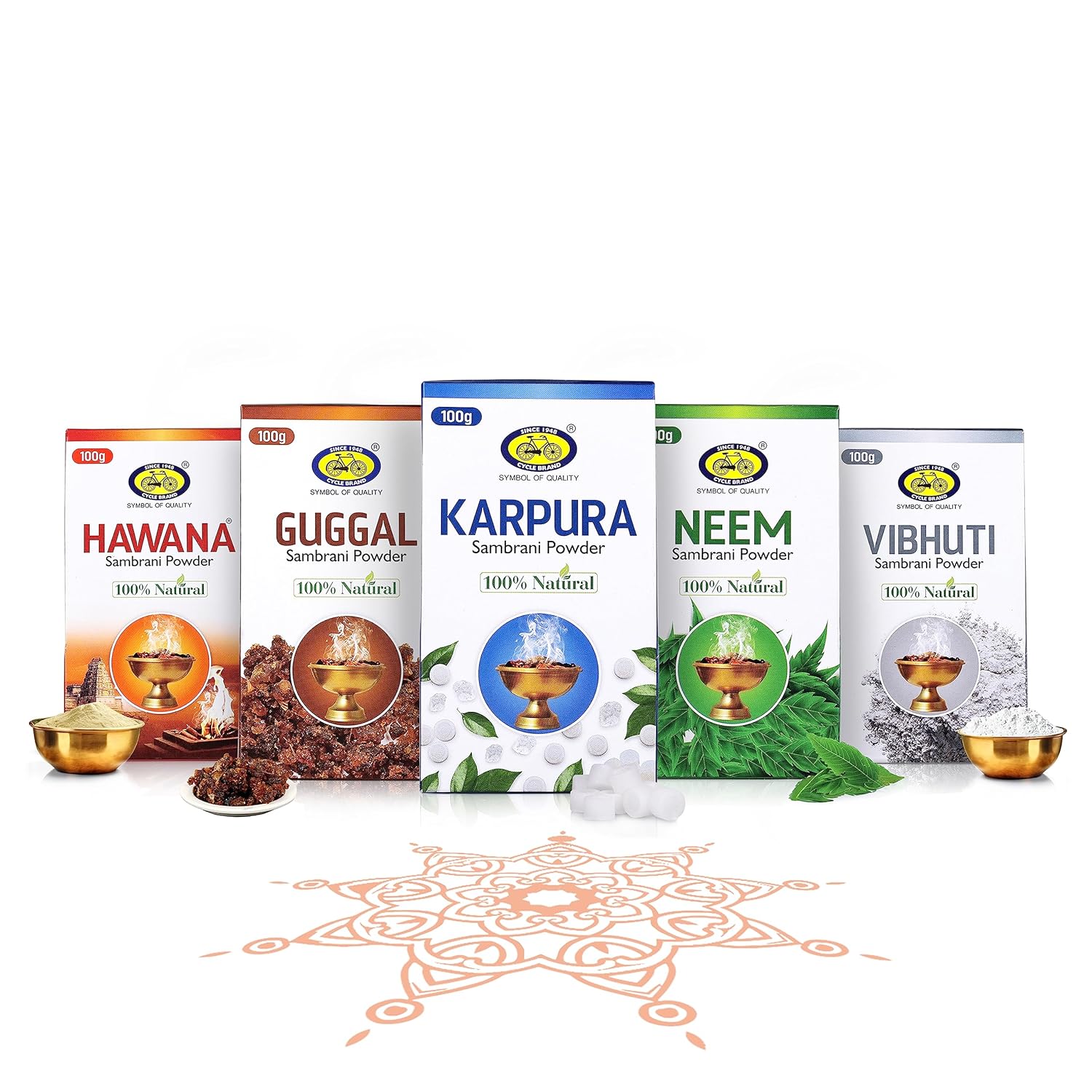 

Cycle Pure Sambrani Powder Набор из 5 – по 100 г каждый, Оригинальный ароматический порошок для пуджи для ежедневной пуджи и фестивалей Гуггал, Хавана, Вибхути, Камфора и Ним