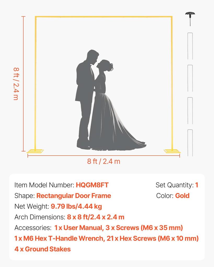 Arch Backdrop Stand, 2.4 x 2.4 m, Stable Structure, Easy Assembly, Square Gold Metal Arch Backdrop Stand for Wedding, Birthday Party, Graduation,