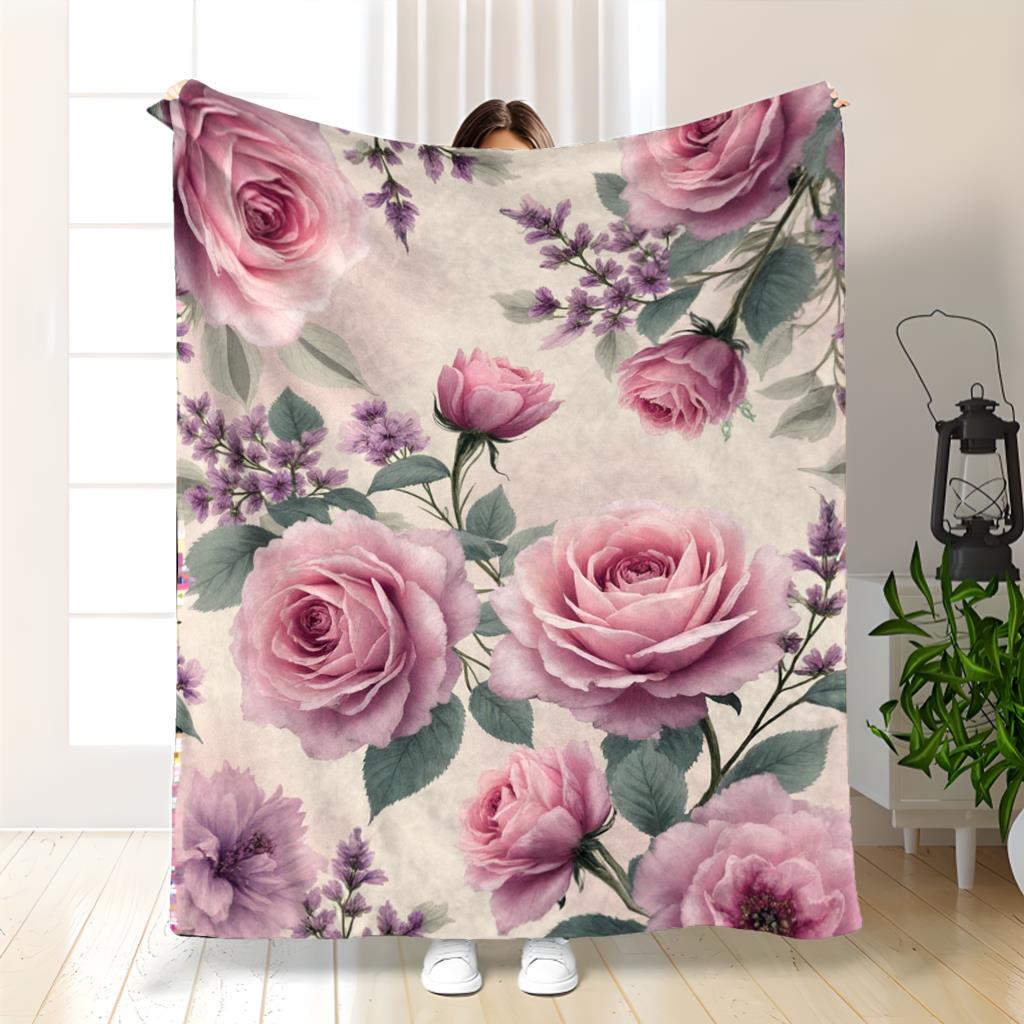 Pink Rose Floral Blanket Vintage Botanical Design With Lavender And Green Leaves Soft Fleece Throw For Bedroom Decor