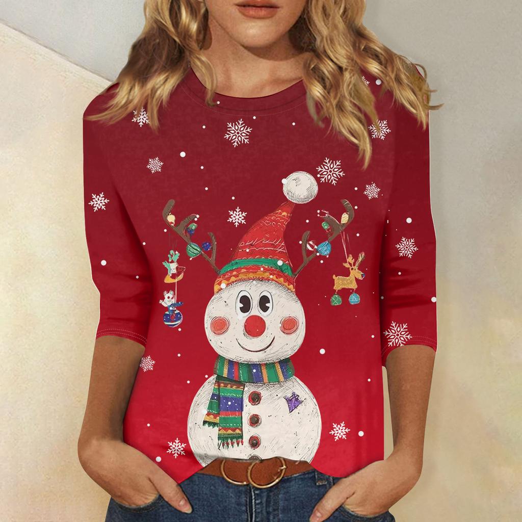 3/4-Ärmel-Shirts für Damen Druck Weihnachts-T-Shirts Blusen Lässig Übergröße Basic-Oberteile Pullover