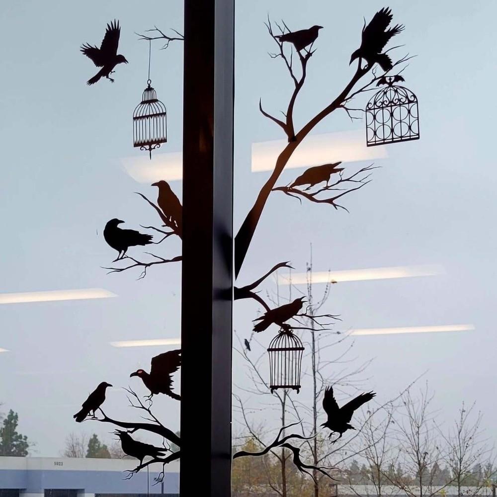 12pcs Thick Paper Black Crow Hanging Decor Dark Glittery Paper Birdcage Pendant Tree Branch