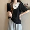 Plus Size Women's Tummy-Concealing Printed Short Sleeve Hollow-Out Loose Slimming Two-Piece T-shirt