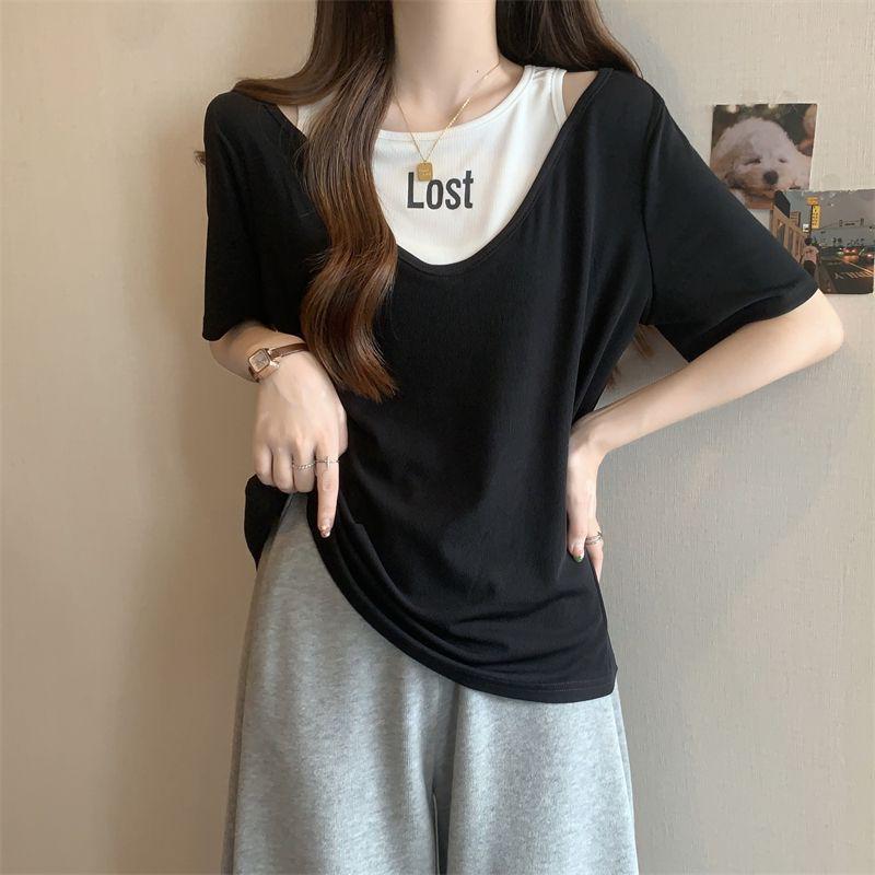Plus Size Women's Tummy-Concealing Printed Short Sleeve Hollow-Out Loose Slimming Two-Piece T-shirt