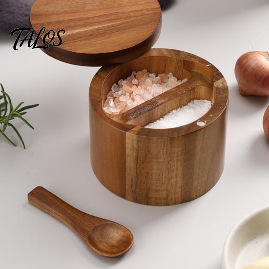 Clever Design Salt And Pepper Holder 2-Layer Bowl with Spoon Magnetic Swivel Lid Dustproof Spice Organizer Seasoning Box Rotatable Kitchen Helper for
