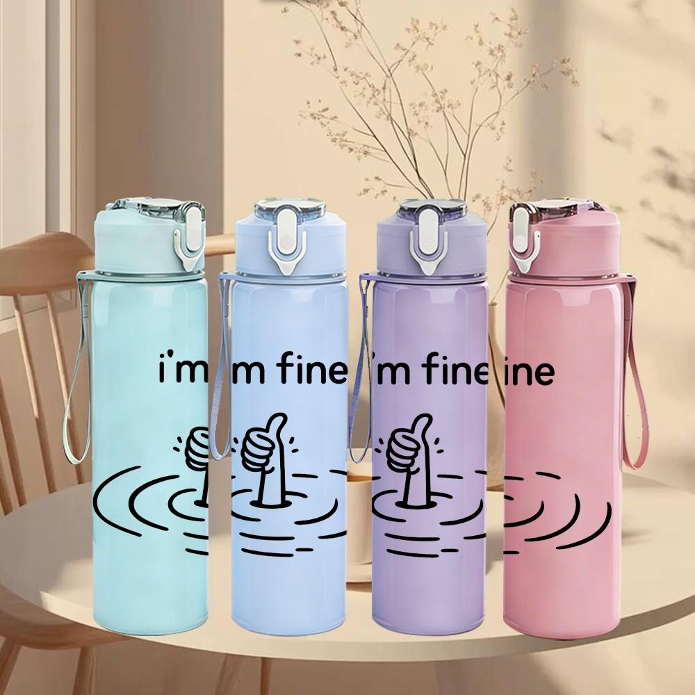 1PC I'm Fine Cat Water Splash Print 750ml Color Plastic Sports Water Bottle Leakproof Flip Straw Lid Suitable for Sports Office Home Use