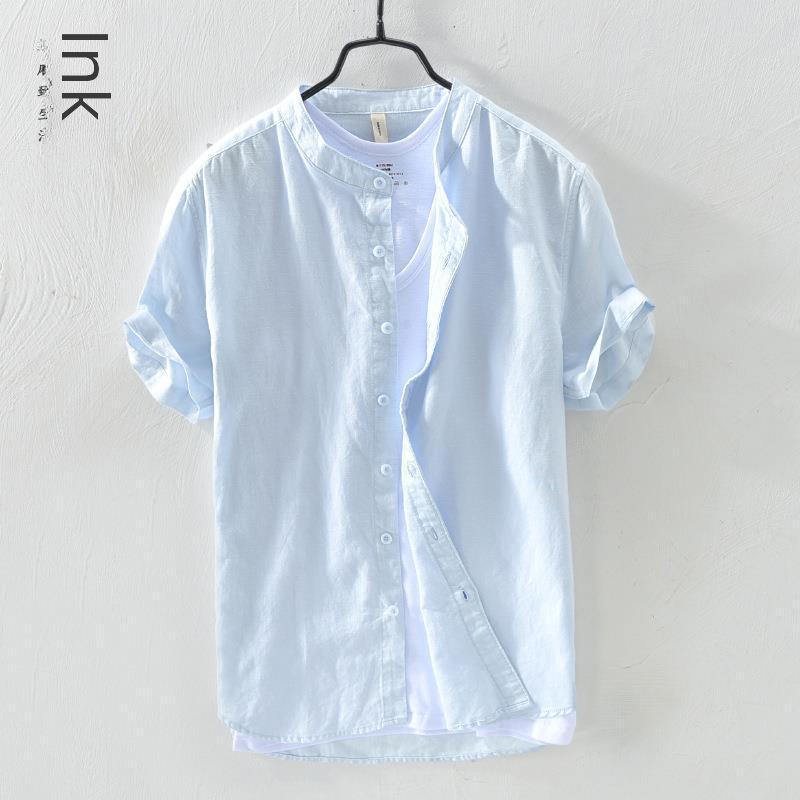 Men's Short Sleeve Stand Collar White Linen Shirt - Lightweight, Breathable, Casual, and Fresh.