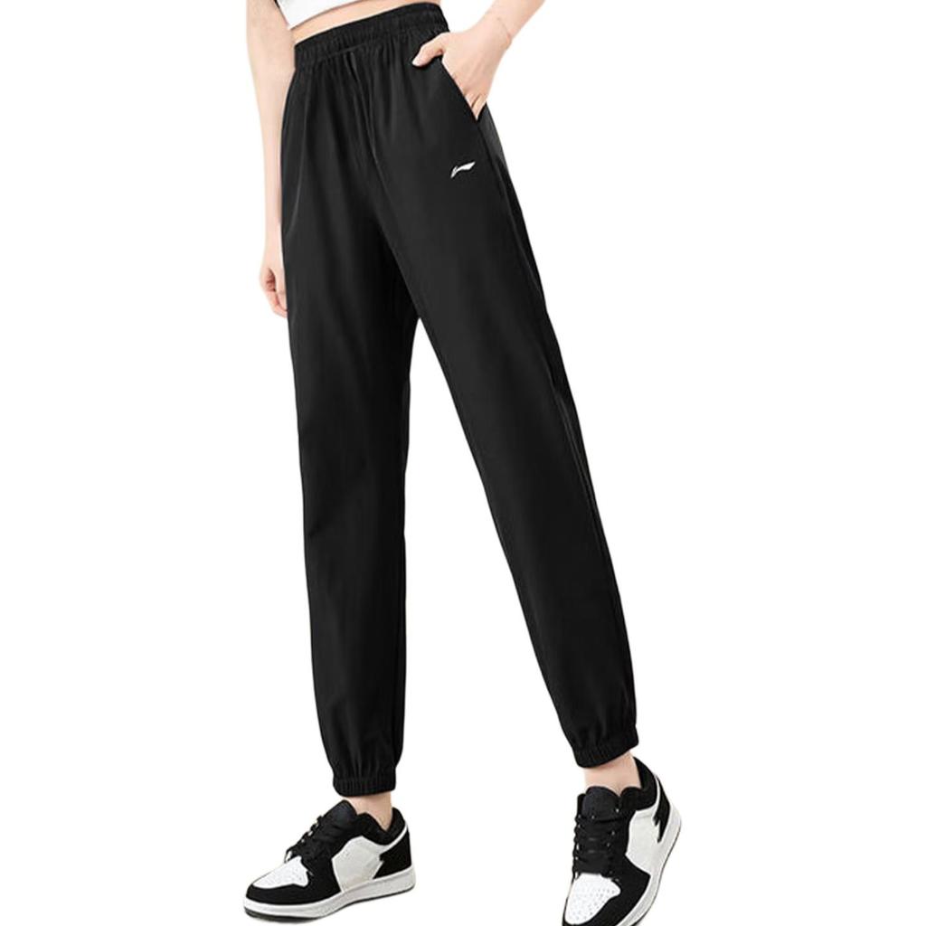 Li Ning Sports Lifestyle Series Solid Color Mid Waist Comfortable Versatile Tapered Knit Joggers Women Bottoms Black AKLUA84-1