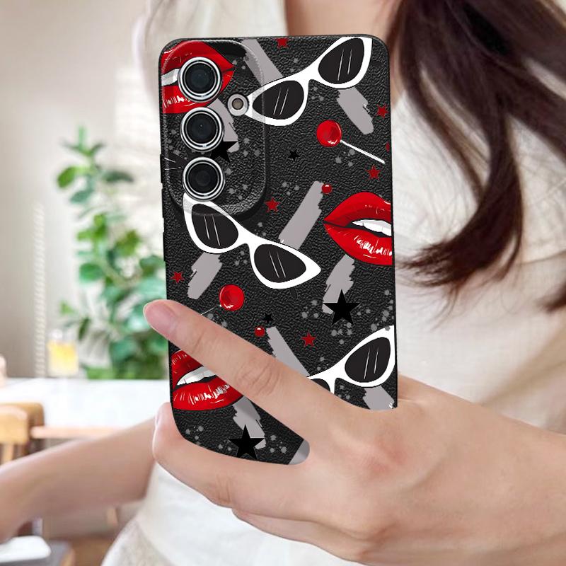 Cool Kiss Lips Print Case For Samsung S26 Ultra S25 A18 S24 S23 S22 S21 FE A15 A16 A17 A35 A36 A37 A54 A55 A56 A57 Leather Texture Silicone Cover