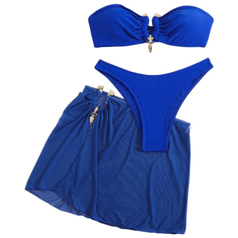 New Cross Border Swimsuit Solid Color Metal Buckle Three Pieces Women's Split Bikini Set Swimsuit