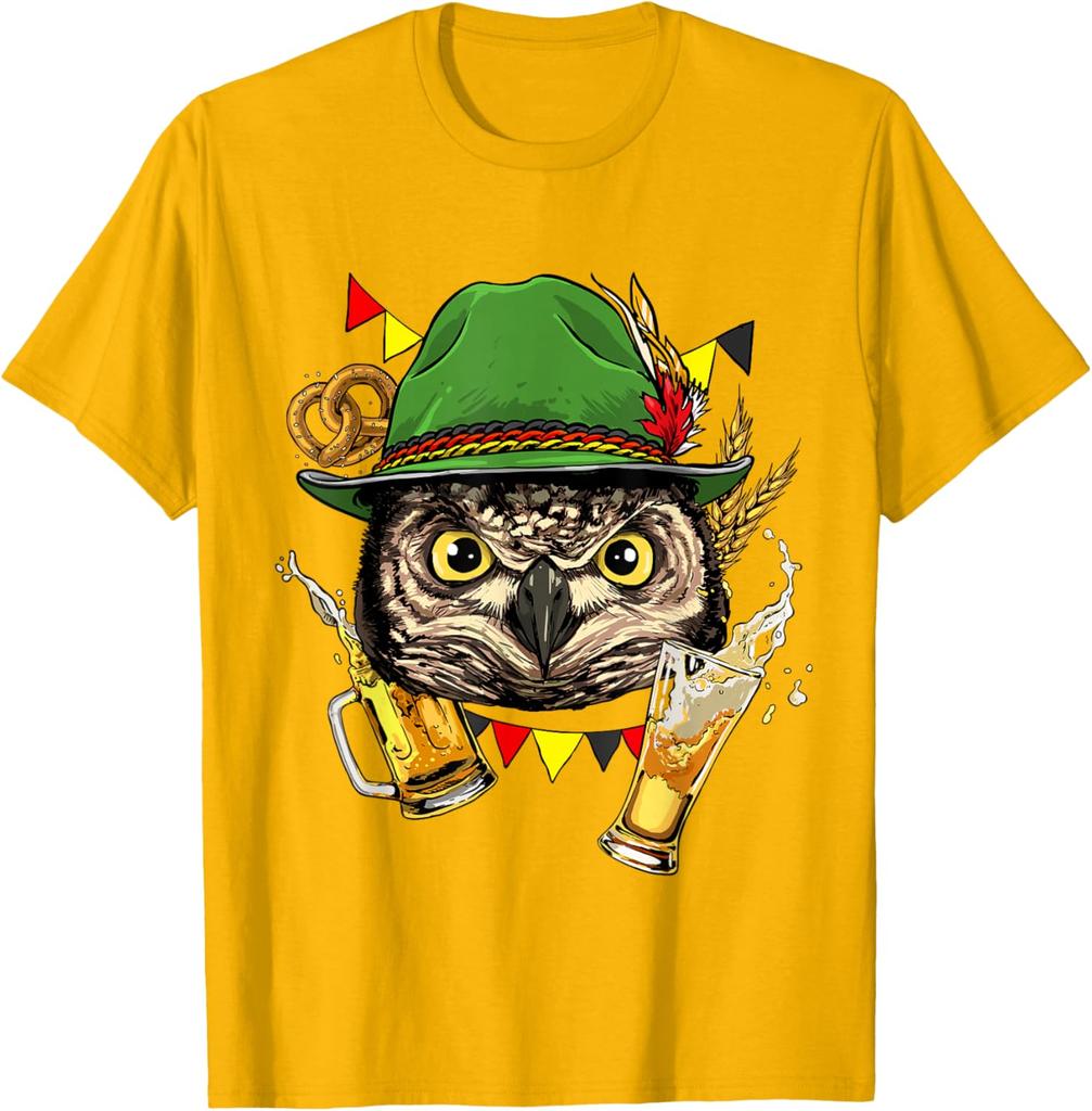 Owl Oktoberfest Beer Mug Bavarian Festival Graphic Tee Casual Cotton Short Sleeve T-Shirt