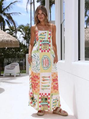 2025 Casual Holiday Linen Print Spaghetti Strap Dress