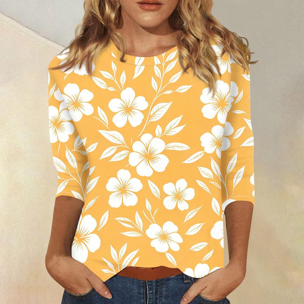 Damen Casual Dreiviertelarm Blumenprint Rundhalsausschnitt Oberteil Leichter Weicher Stoff Bequeme Passform Bluse für den Alltag
