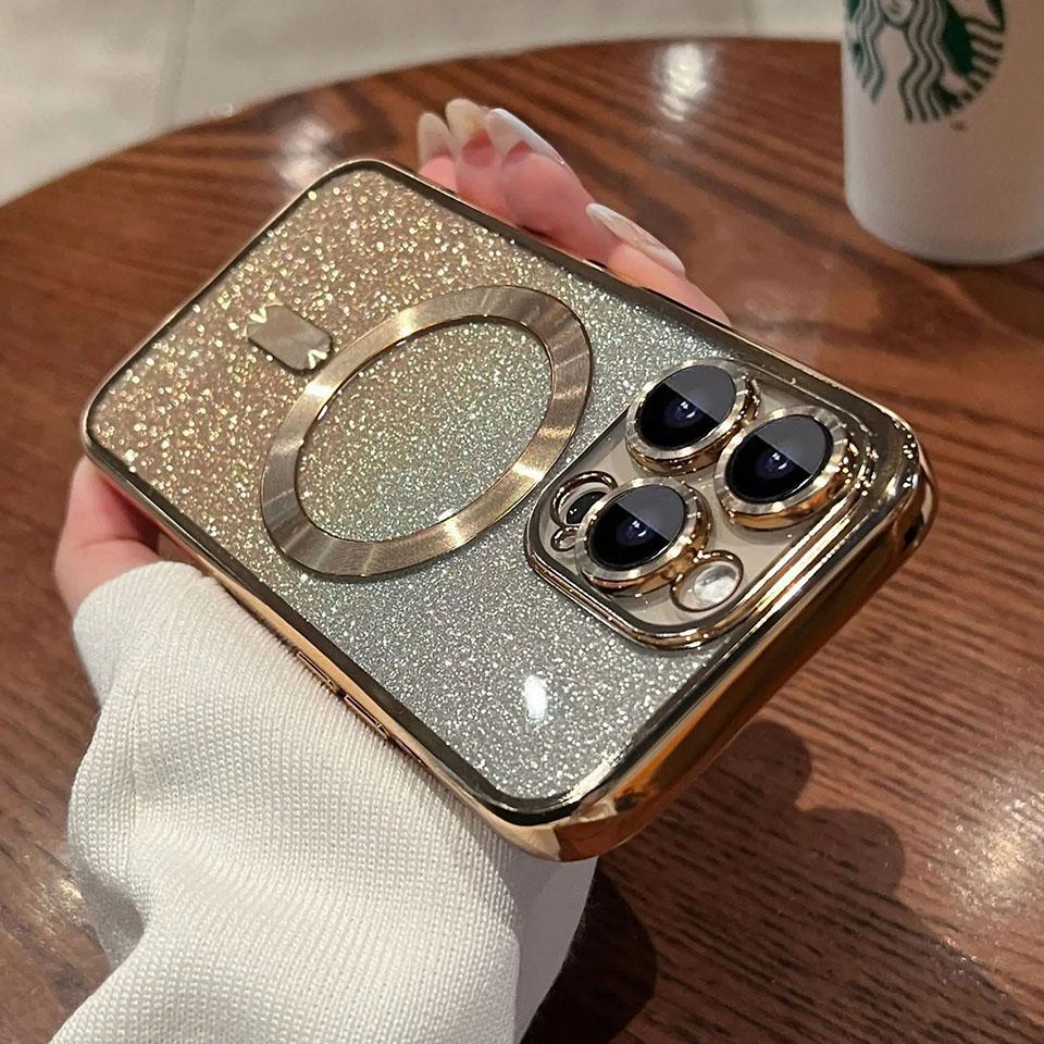 Woman Luxury Plating Glitter Case For Magsafe For iPhone 15 13 11 12 14 Pro Max Plus Accessories Magnetic Wireless Charge Cover