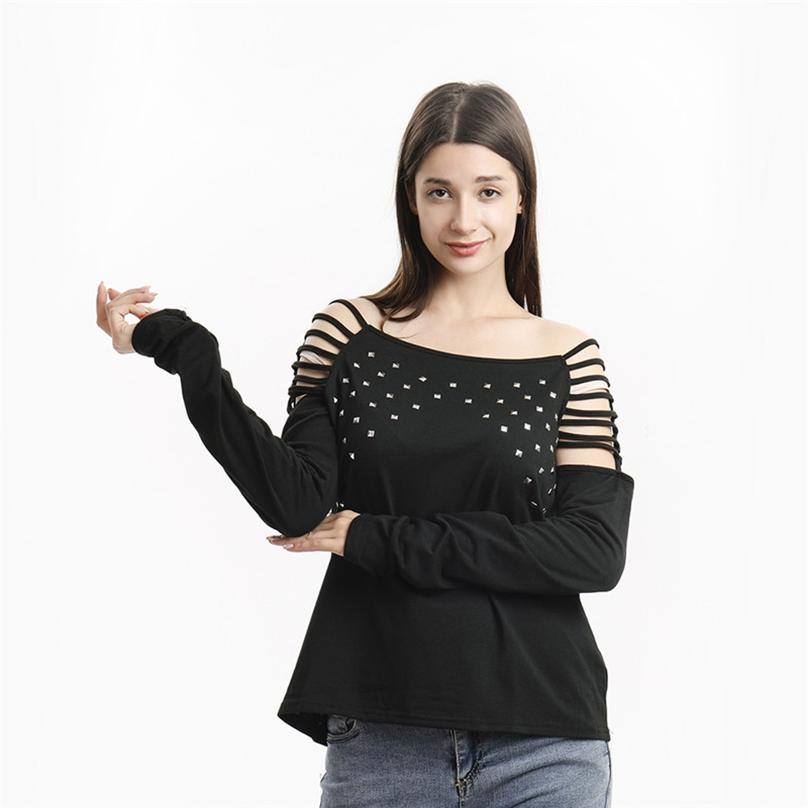 European Style Autumn Fashion Ladies O-neck Cutout Diamond Long-sleeved T-shirt