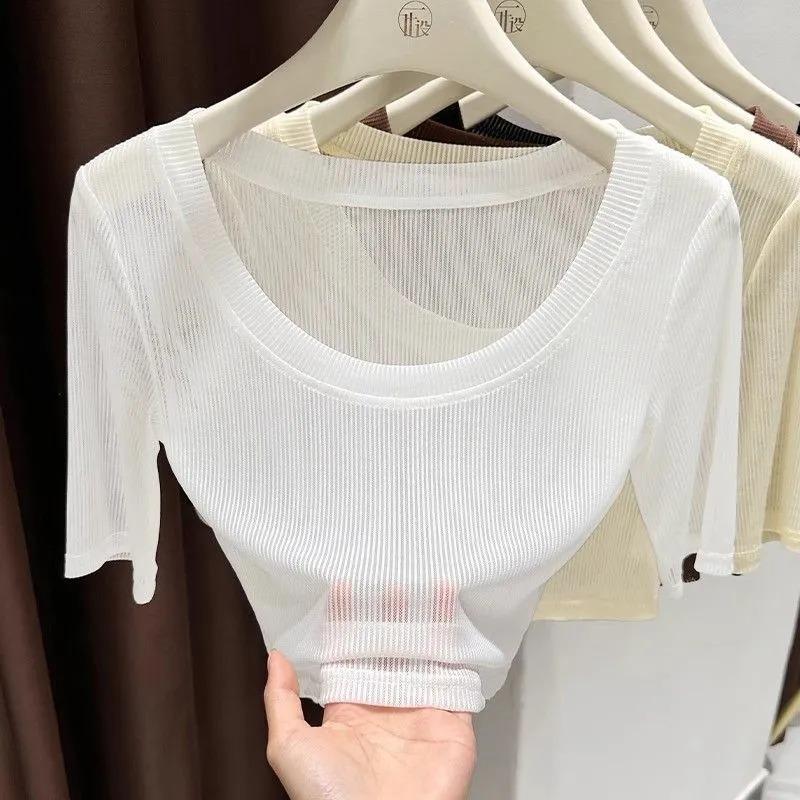 Women's U-Neck Faux Two-Piece Sheer Mesh Ribbed Crop Top