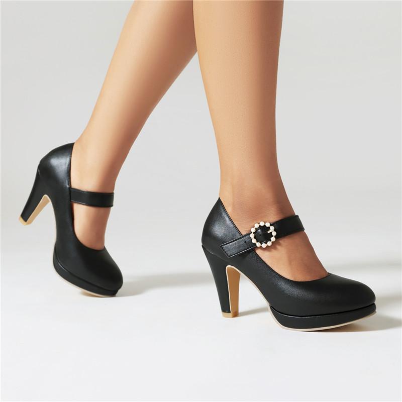 Enkeltsko med høye hæler for kvinner vår og høst nye enkel vanntett plattform tykk hæl grunt munn stor størrelse fire årstider sko