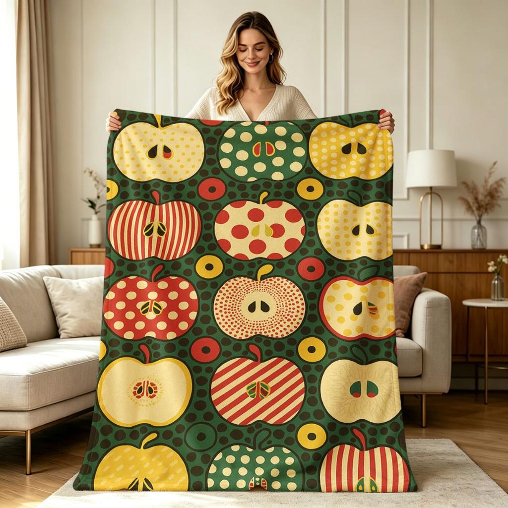 For All Season Flannel Blanket with Cute Apple Slice Pattern Soft Warm Throw Blanket for Couch Sofa Bedroom Office Living Room Decorative Lightweight