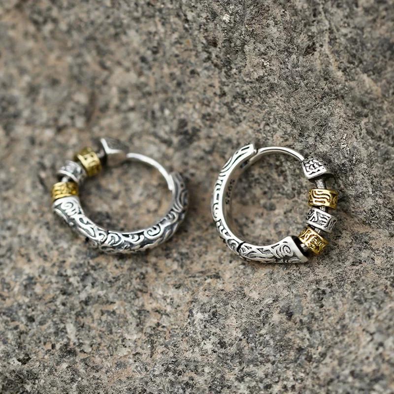 Silver-plated fashionable simple retro Tang grass pattern design earrings ruffian handsome stud earrings niche earrings