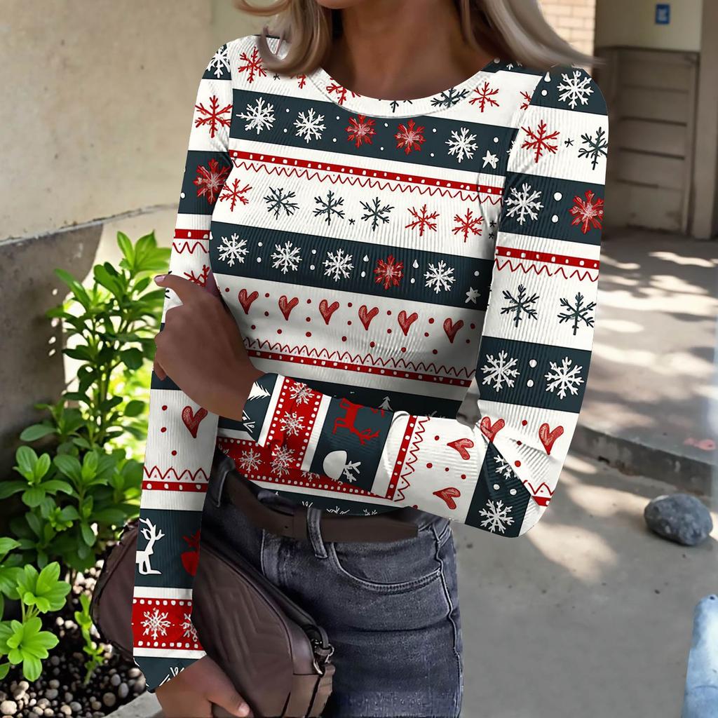 Women's  Slim Bottom T-shirt Fashion Casual Gradient Printing Round Neck Pullover Long Sleeve Top