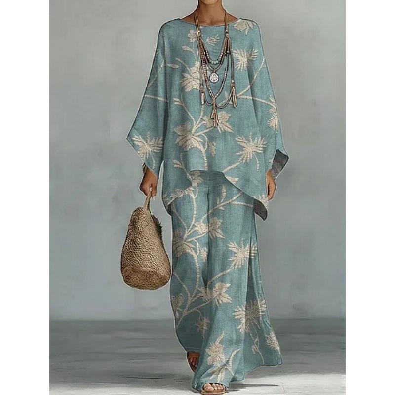 16 European and American artistic sense abstract graffiti set, round neck bat sleeve top + wide-leg pants loose two-piece set