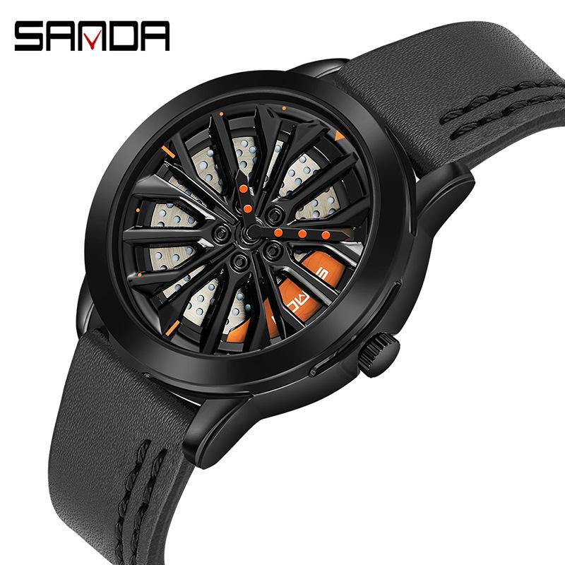 Sanda Men's Creative Wheel Quartz Watch - Trendy Rotating Waterproof Wristwatch