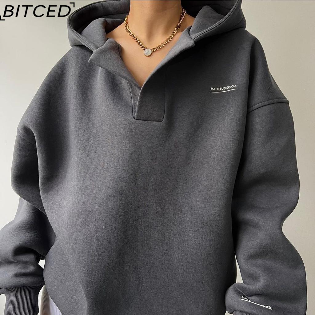BITCED Fleece Hooded Printed Long-sleeved Basic All-fit Hoodie V-neck Fleece Shirt