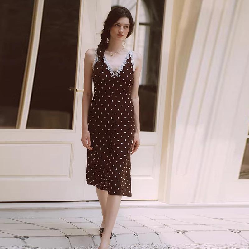 Coffee Polka Dot V-neck Sleeveless Lace Trim Midi Dress - French Retro Style (Summer 2025) M