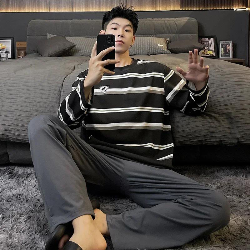 Baumwolle Herren Pullover Nachtwäsche Herbst Frühling Langarm Nachtwäsche 2 Stück Pyjamas Set Männlich