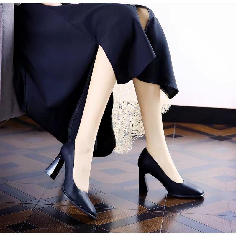 Professional OL square head black high heels spring 2025 new temperament women's medium heel work shoes thick heel single shoes
