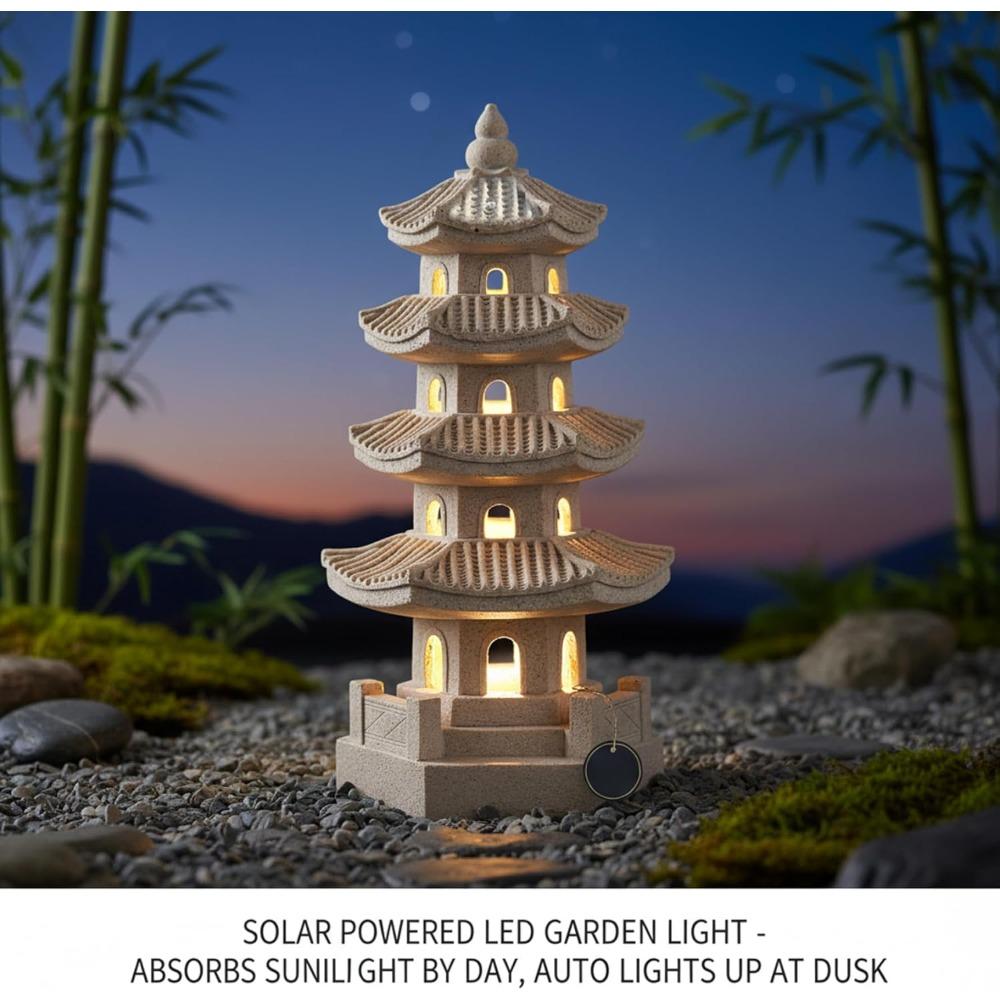 Pagoden Gartenstatue Solarbetriebene Pagodenlaterne Harz Außen Zen Japanische Gartendekoration für Balkon, Terrasse, Veranda, Hof 11,4x4,7x4,7 Zoll Khaki