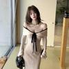 French Style Is Coming, Autumn White One-word Shoulder Dress, Pure Desire Temperament, Waist, Self-cultivation, Super Personality