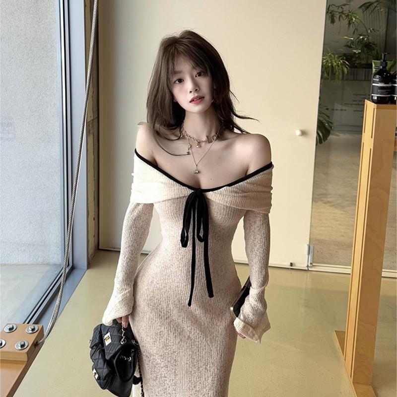 French Style Is Coming, Autumn White One-word Shoulder Dress, Pure Desire Temperament, Waist, Self-cultivation, Super Personality