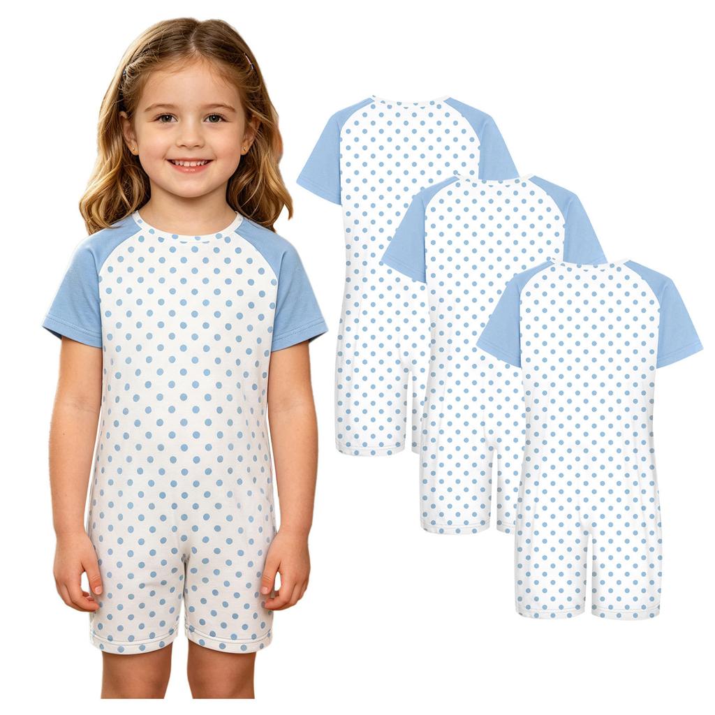 3 Peças Macacão Adaptativo Anti-Rasgo Infantil Gola Redonda Manga Curta Estampado com Zíper Invisível nas Costas para Meninos Meninas com Necessidades Especiais