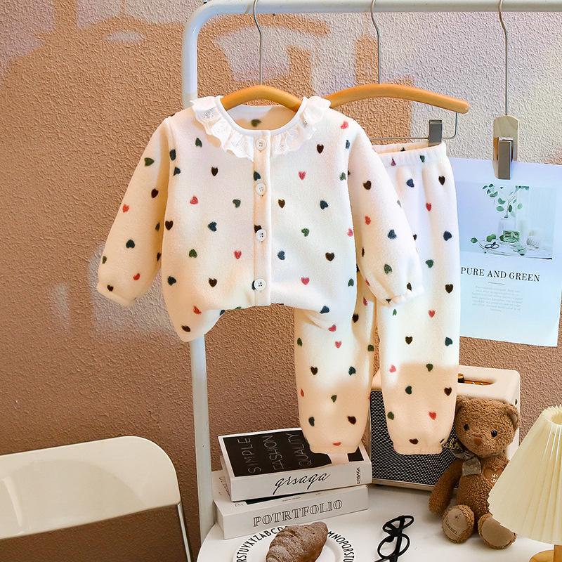 Girls' Velvet Lace Collar Flannel Pajama Set - Autumn/Winter Warmth