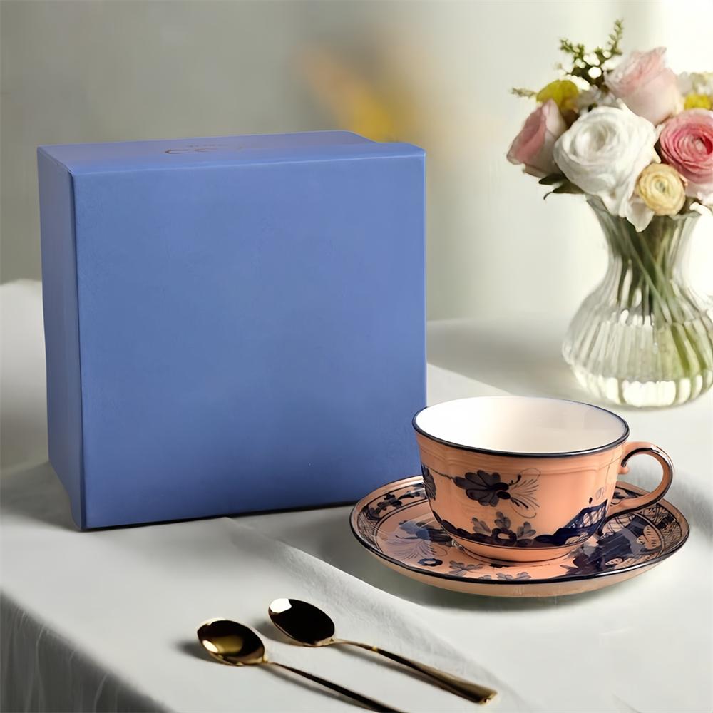 High-end Oriental Series Coffee Cup and Saucer Ceramic Mug Pink Yellow Blue Green Printed Plates Tea Cup Set Gift Box Souvenir
