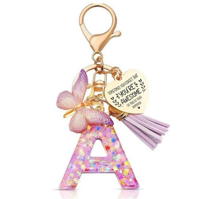 

Resin Alphabet Keychain For Women 26 Letters Butterfly Pendant Stainless Steel Heart Charm Classic Retro Durable Bag Accessory A