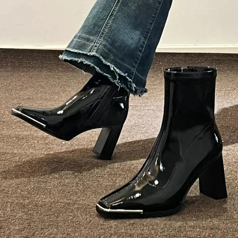 Women High Heeled Boots High Quality Patent Leather Ankle Boots Temperament Slim Fit Short Boot Luxury High Heel Leather Booties