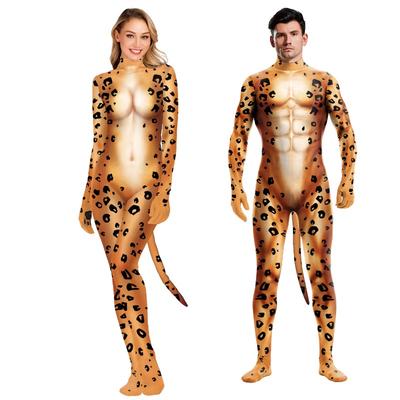 Iootiany Sexy Animal Leopard Print Tight Adult Bodysuit Couple Role Play Leopard Suit With Tail Muscle Tight Fitness Clothes
