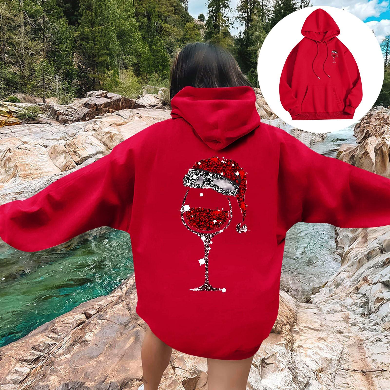 

Женская мода повседневный свободный рождественский мелкий принт топ с капюшоном на шнурке L красный